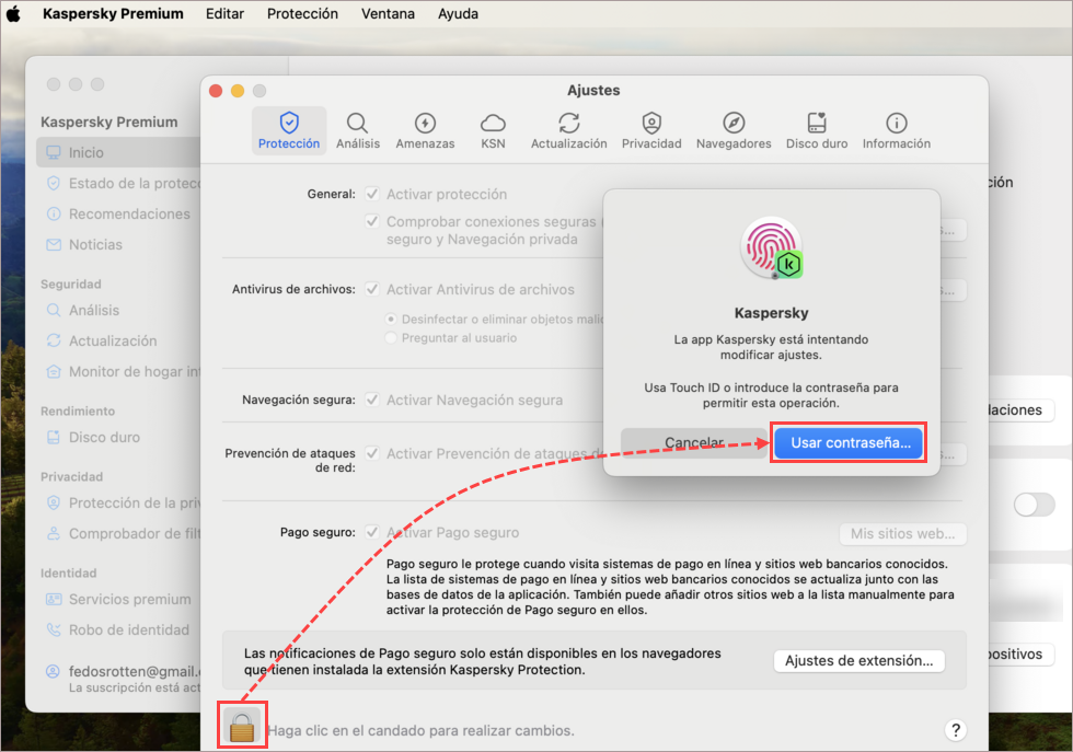 Desbloquear los ajustes de Kaspersky for Mac.